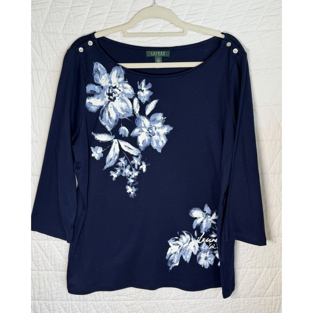 Lauren Ralph Lauren 2X Navy Blue White Floral Knit Shirt Top Tee 3/4 sleeve